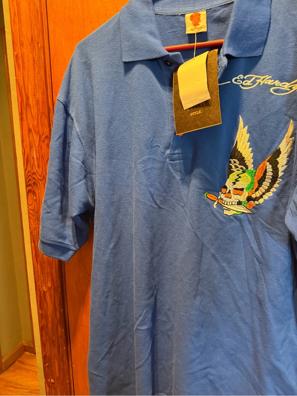 Ed Hardy Blue Polo with Embroidered Winged Skull
